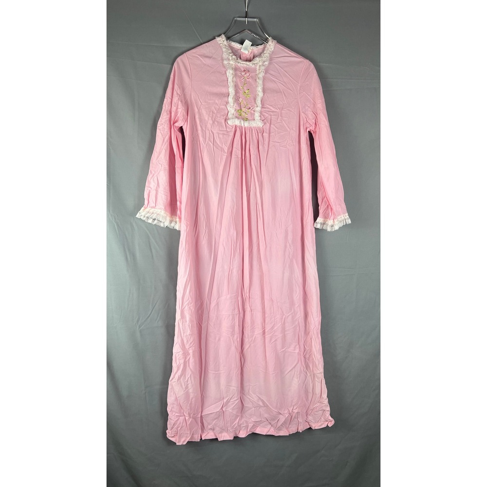 Vintage Saramal Lingerie Nightgown Women L Pink Floral Embroidery Pleated Bodice